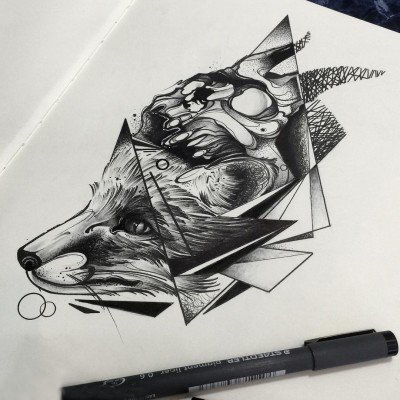 黑灰素描创意精致鹿头纹身手稿