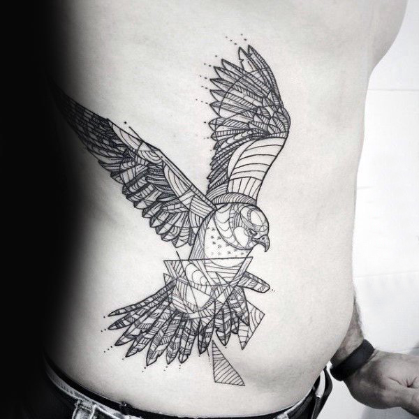 男生侧腰上黑色点刺几何简单线条小动物鸟纹身图片