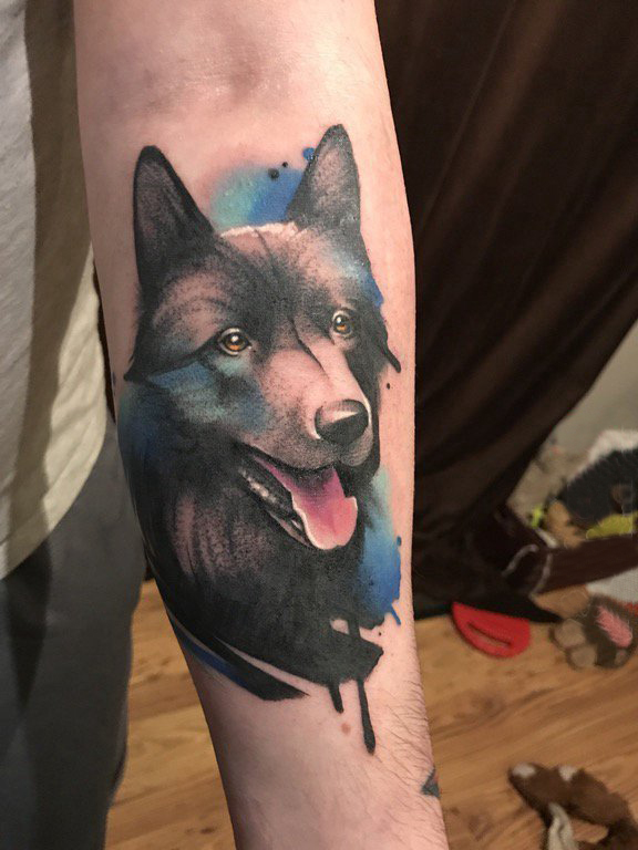 男生手臂上彩绘水彩简单线条小动物狗纹身图片