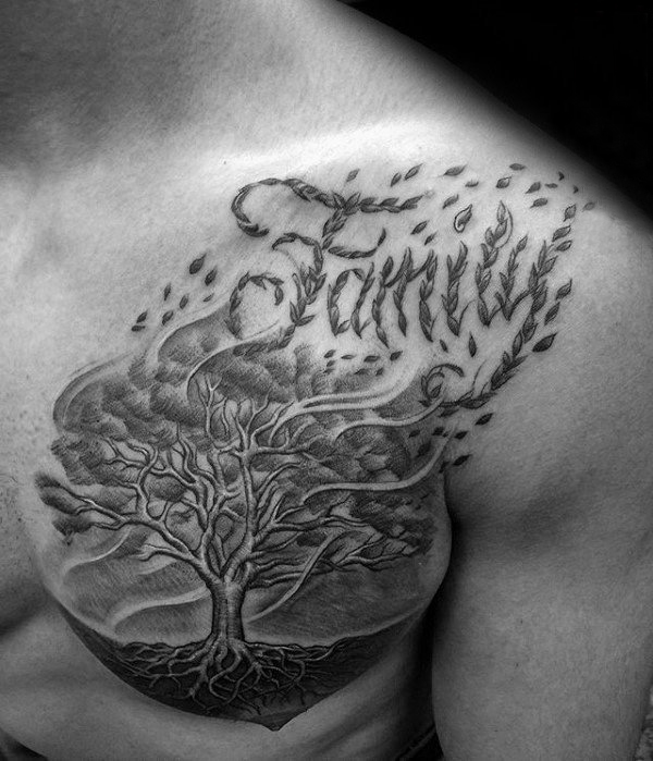 男生胸部黑色点刺简单抽象线条植物大树纹身图片