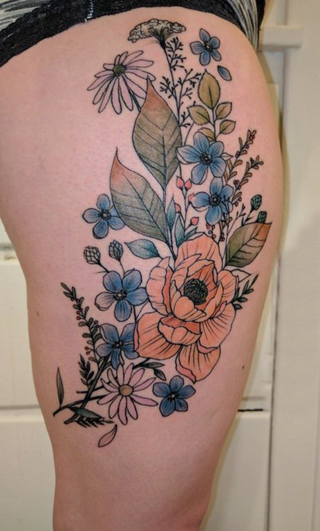 女生大腿上彩绘渐变简单线条创意植物花朵纹身图片