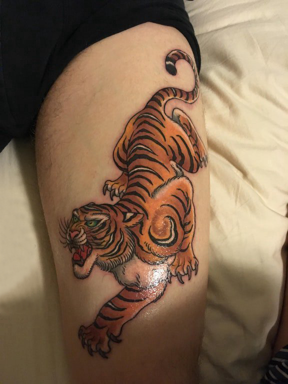 男生大臂上彩绘渐变抽象线条小动物老虎纹身图片