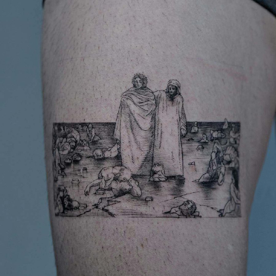 男生手臂上黑灰素描点刺技巧创意宗教纹身图片