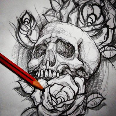 黑灰素描创意霸气骷髅唯美花朵纹身手稿