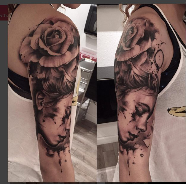 女生手臂上黑灰素描点刺技巧创意唯美花朵女生肖像纹身图片