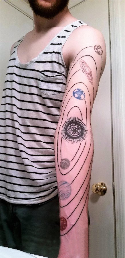 男生手臂上彩绘几何简单线条创意宇宙星球纹身图片