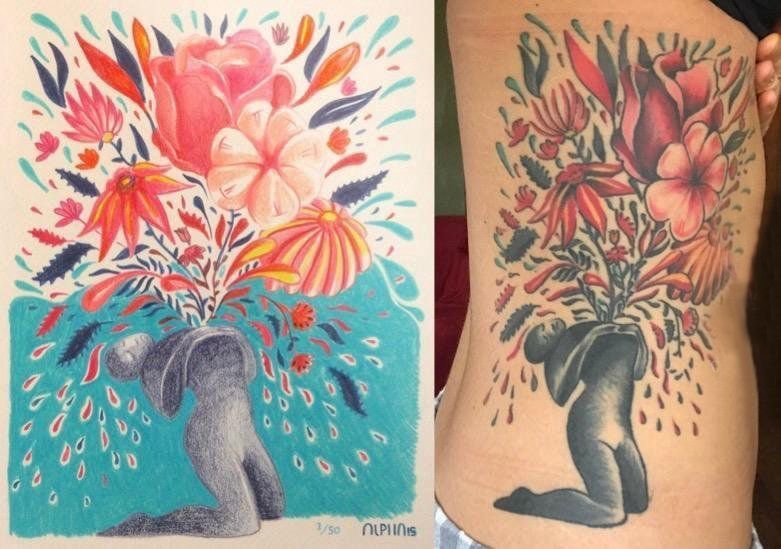 女生侧腰上彩绘渐变简单线条植物花朵和人物纹身图片