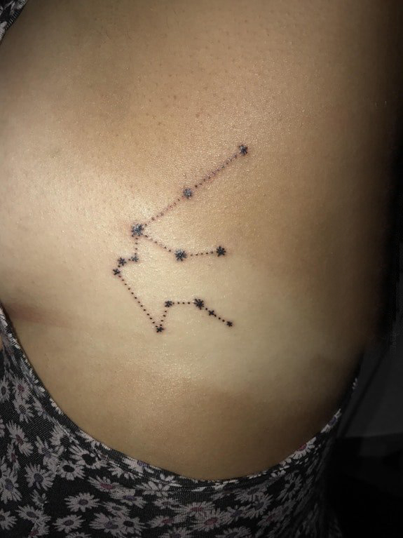 女生侧腰上黑色点刺简单点线创意星座纹身图片