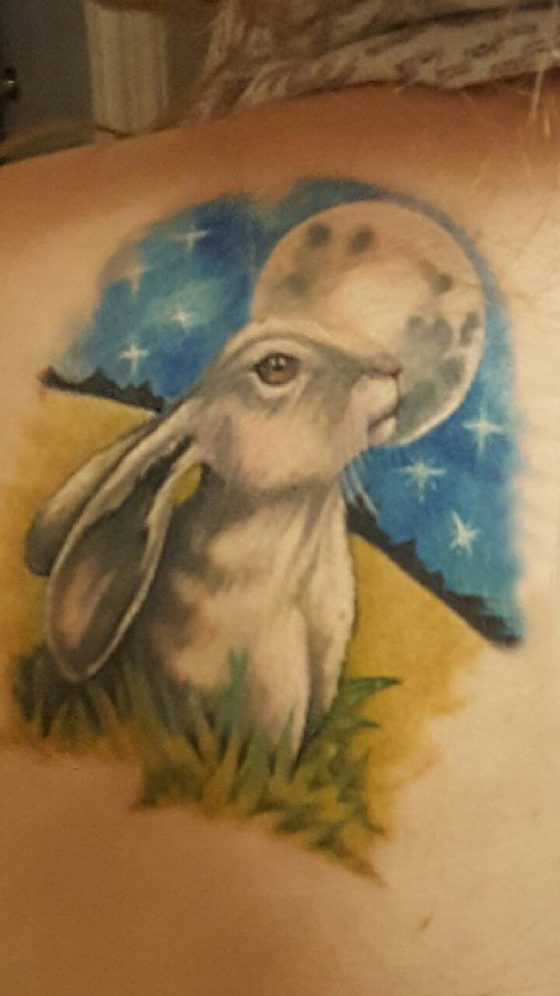 女生后背上彩绘渐变简单线条月亮和小动物兔子纹身图片