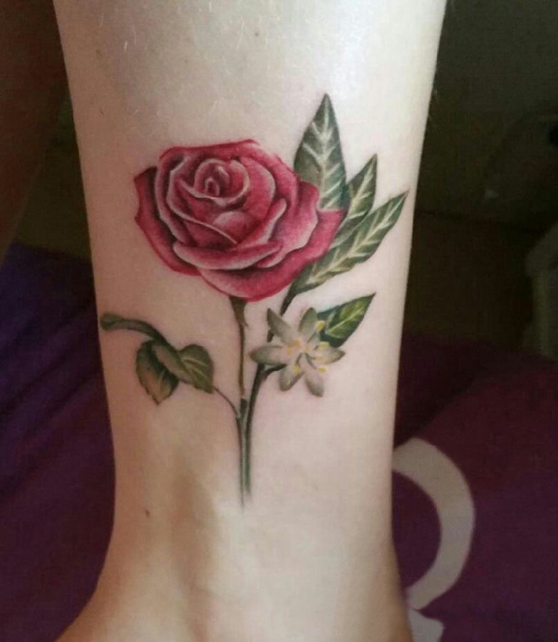 女生脚踝上彩绘渐变简单线条唯美玫瑰纹身图片