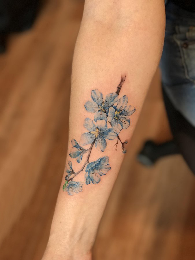 男生手臂上蓝色渐变简单线条小清新植物花朵纹身图片