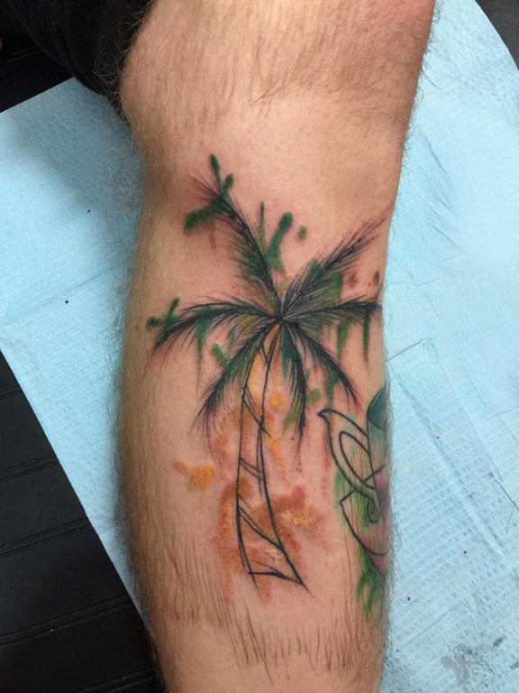 男生小腿上彩绘渐变简单线条植物椰树纹身图片