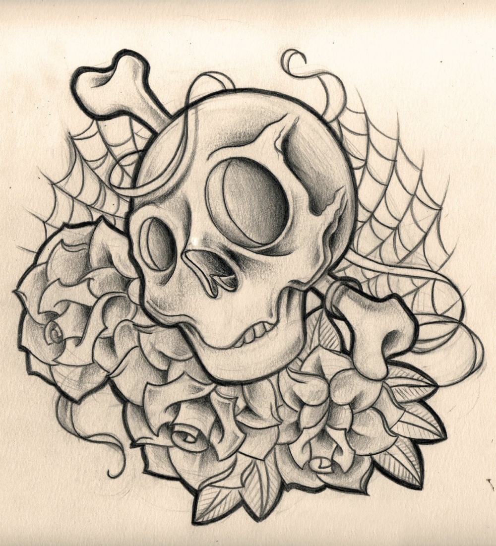 黑灰素描点刺技巧文艺花朵恐怖骷髅纹身手稿