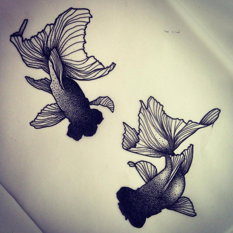 黑灰素描点刺技巧文艺小清新金鱼动物纹身手稿