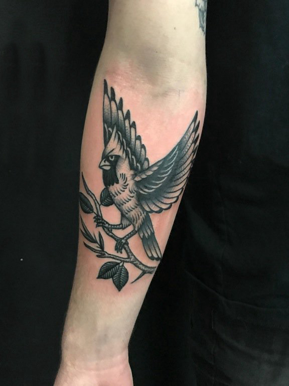 男生手臂上黑灰素描点刺技巧文艺小鸟纹身图片
