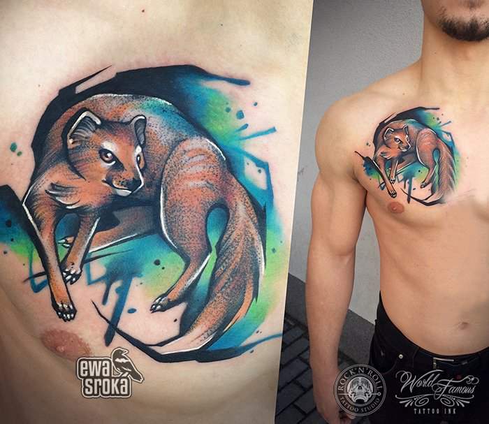 男生胸口上彩绘水彩素描文艺可爱狐狸纹身图片