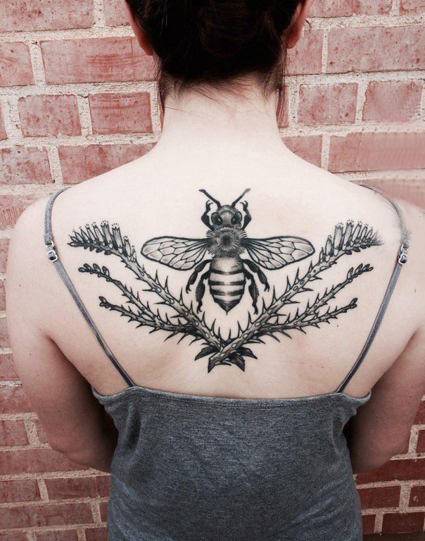 女生背部黑色线条素描文艺唯美昆虫纹身图片