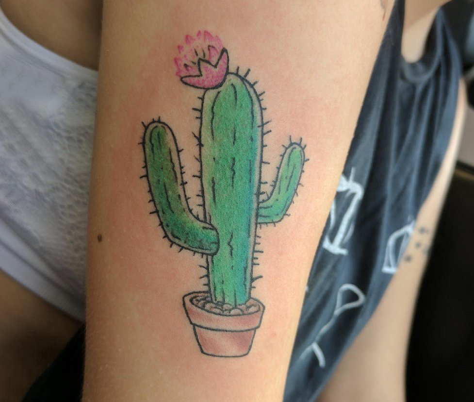 女生大臂上彩绘渐变简单线条小清新植物仙人掌纹身图片