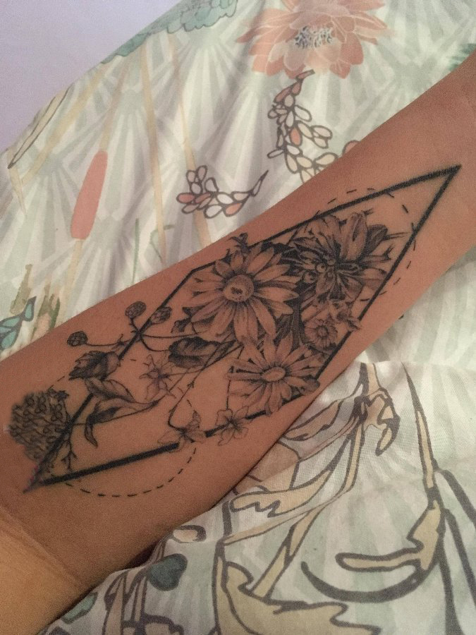 女生手臂上黑色线条几何元素唯美花朵纹身图片