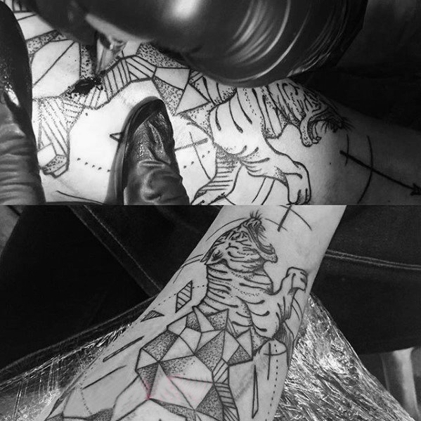 多款黑色线条素描点刺技巧几何元素霸气老虎动物纹身图案