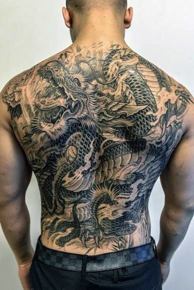 多款男生背部线条素描霸气大面积满背纹身图案