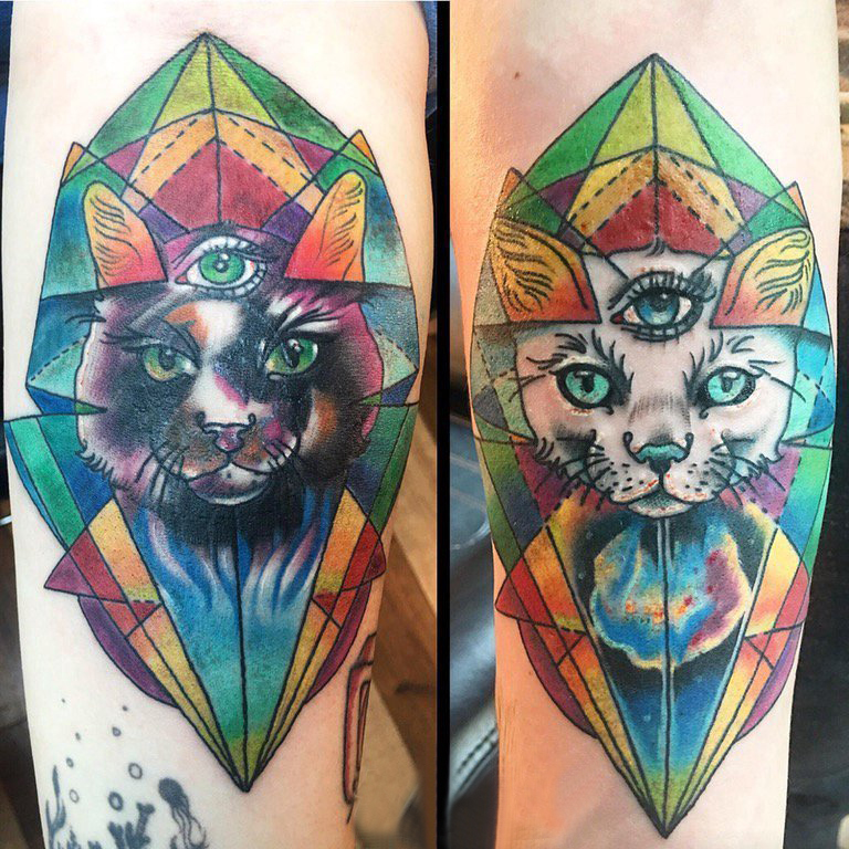 情侣手臂上彩绘水彩素描霸气可爱猫咪纹身图片