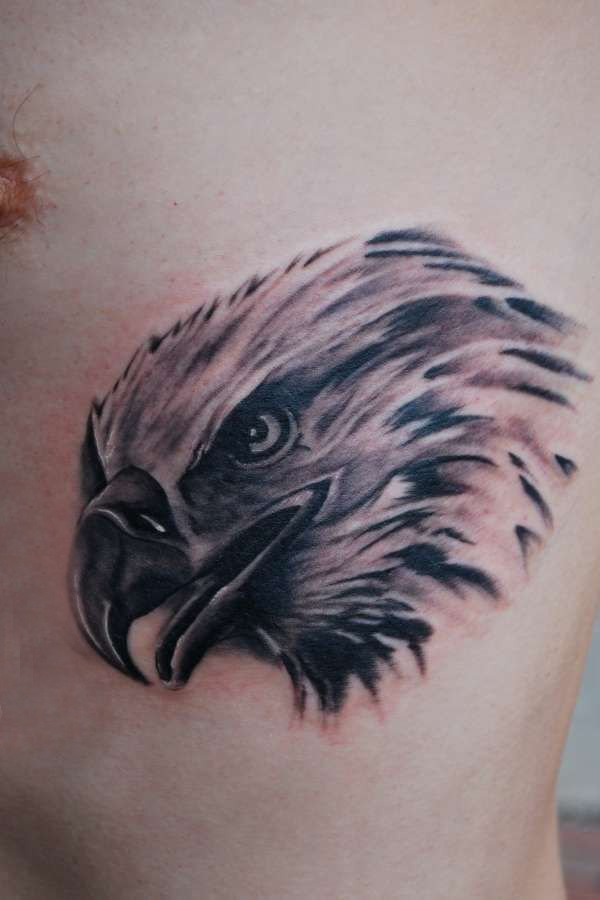 男生侧腰上黑灰素描点刺技巧霸气老鹰动物纹身图片
