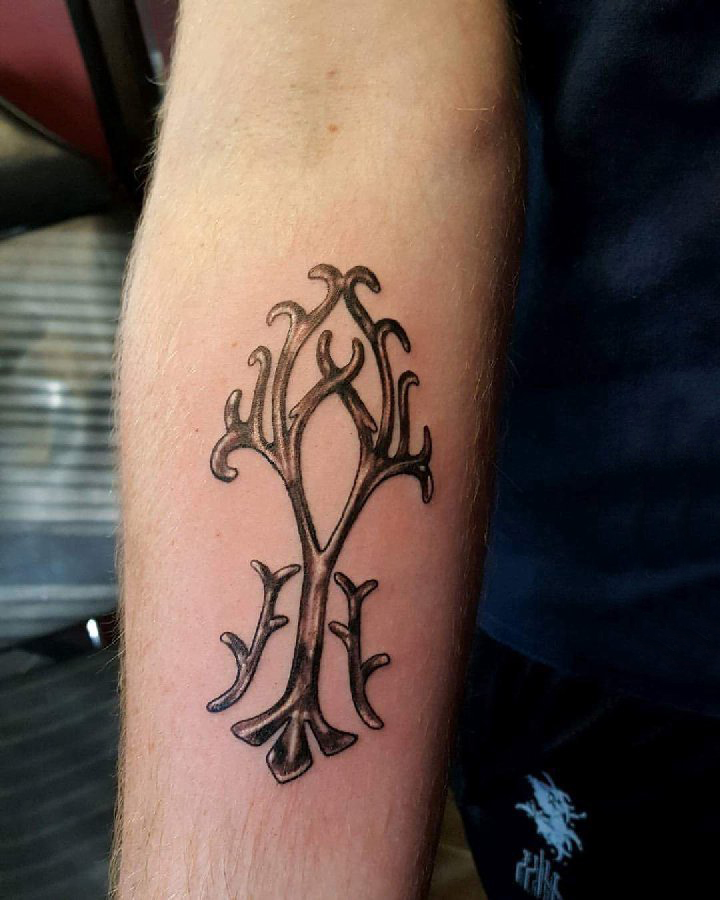 男生手臂上黑色点刺简单抽象线条植物树枝纹身图片