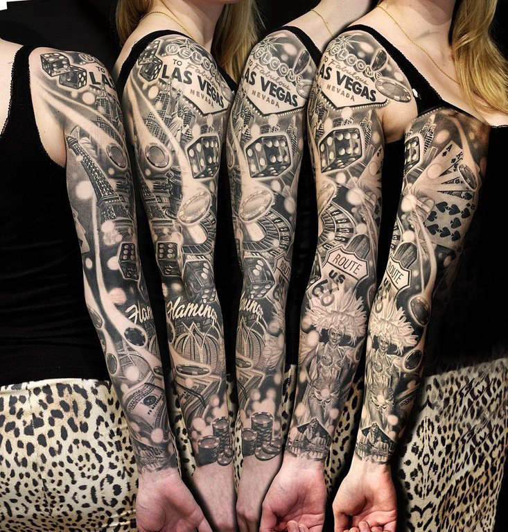 女生手臂上黑灰素描点刺技巧霸气花臂纹身图片