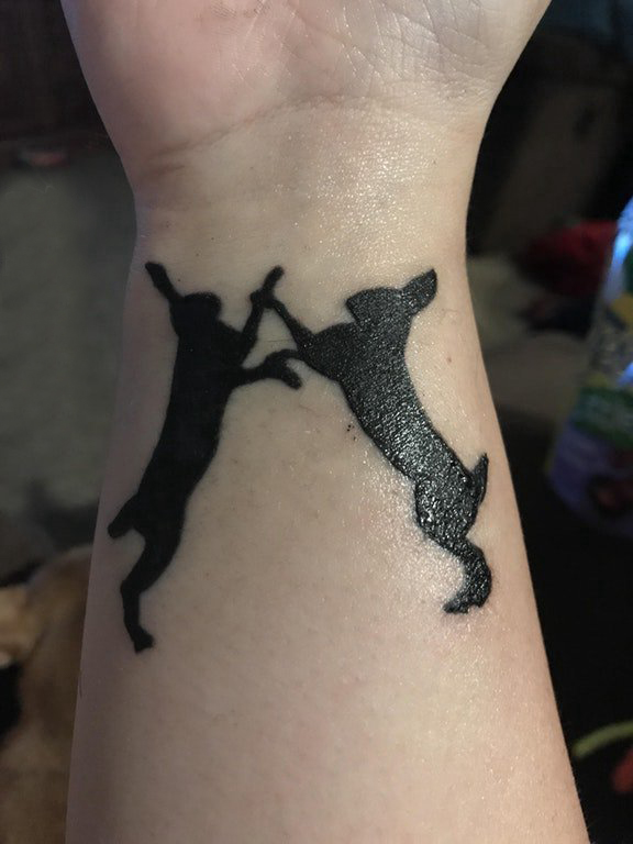 女生手臂上黑色简单线条小动物轮廓兔子纹身图片