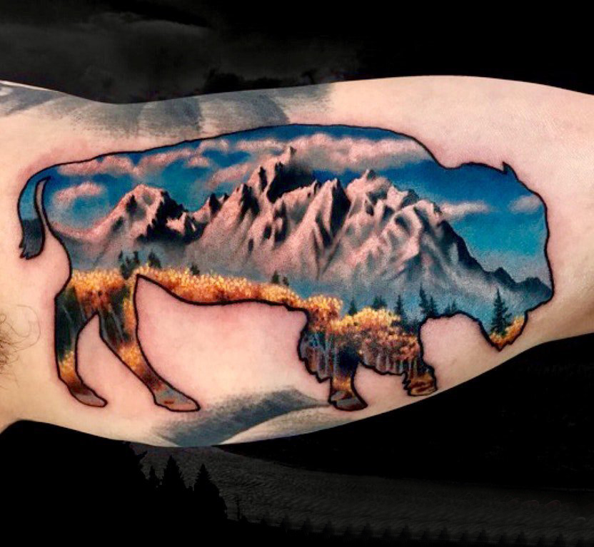 男生大臂上彩绘简单线条小动物轮廓雪山风景纹身图片