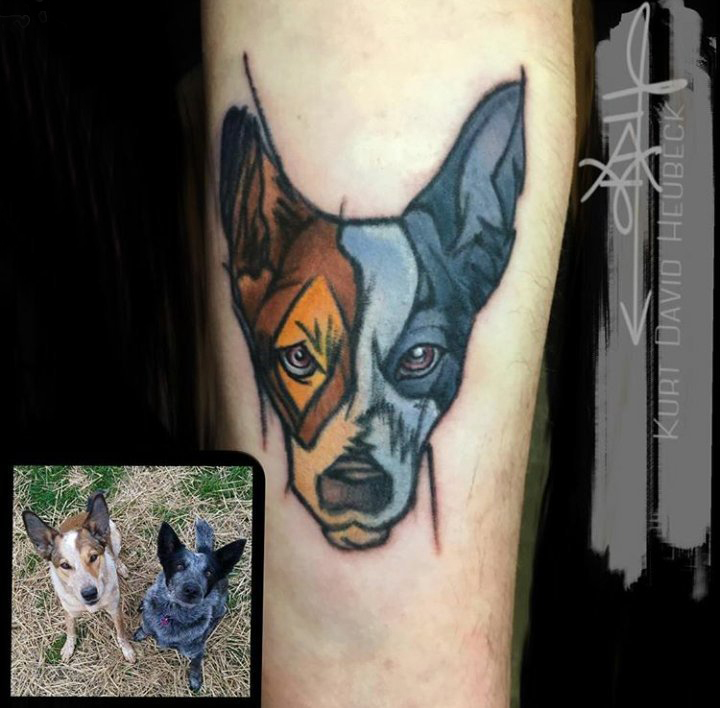 男生手臂上彩绘渐变简单抽象线条小动物宠物狗纹身图片