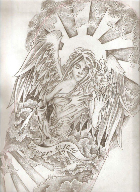 大型天使手稿黑灰的大型天使纹身手稿