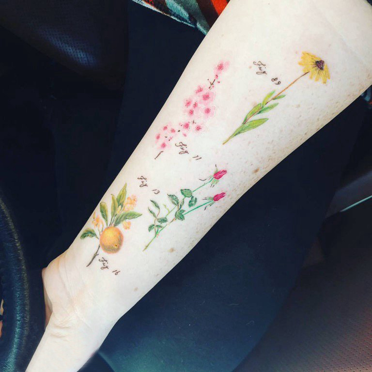 小清新植物纹身 女生手臂上彩色的植物纹身图片