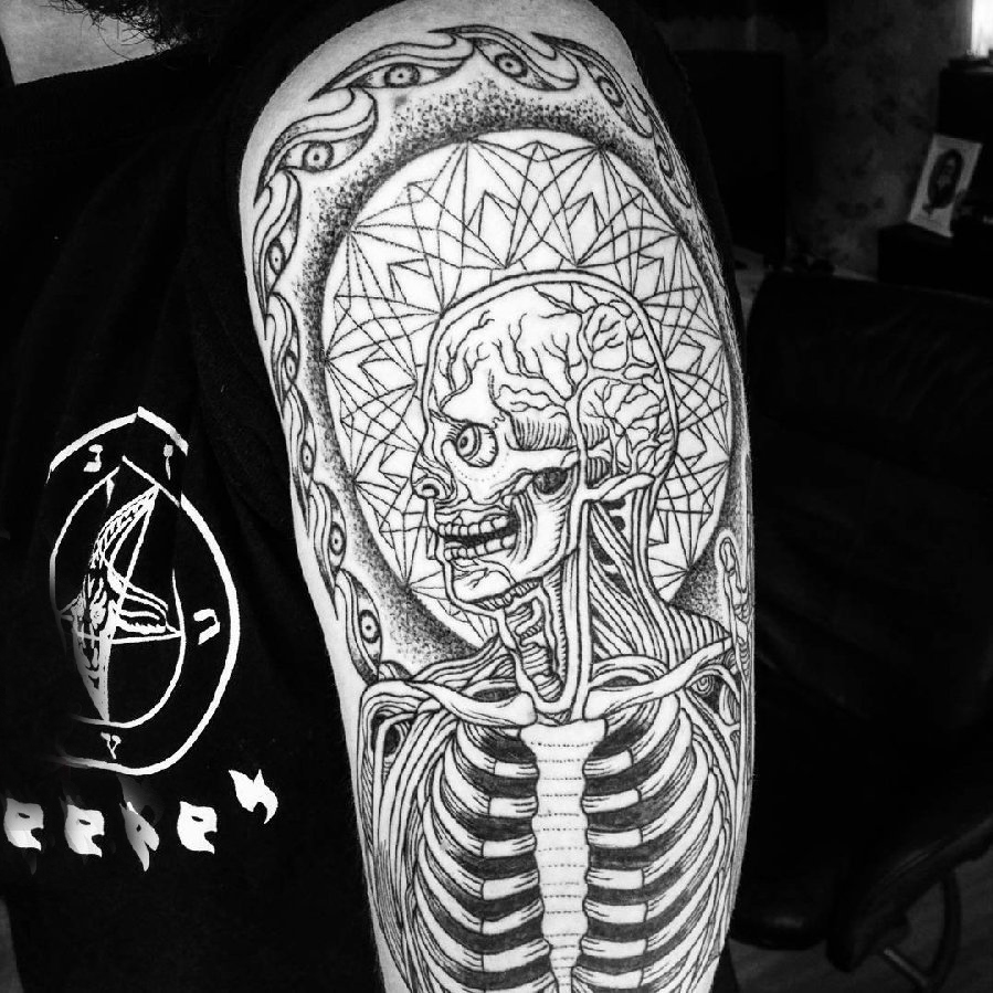 骷髅纹身花臂 男生大臂上黑色的骷髅纹身图片