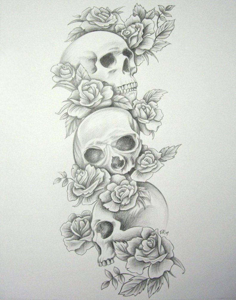 多款黑灰素描点刺技巧文艺唯美花朵霸气骷髅纹身手稿