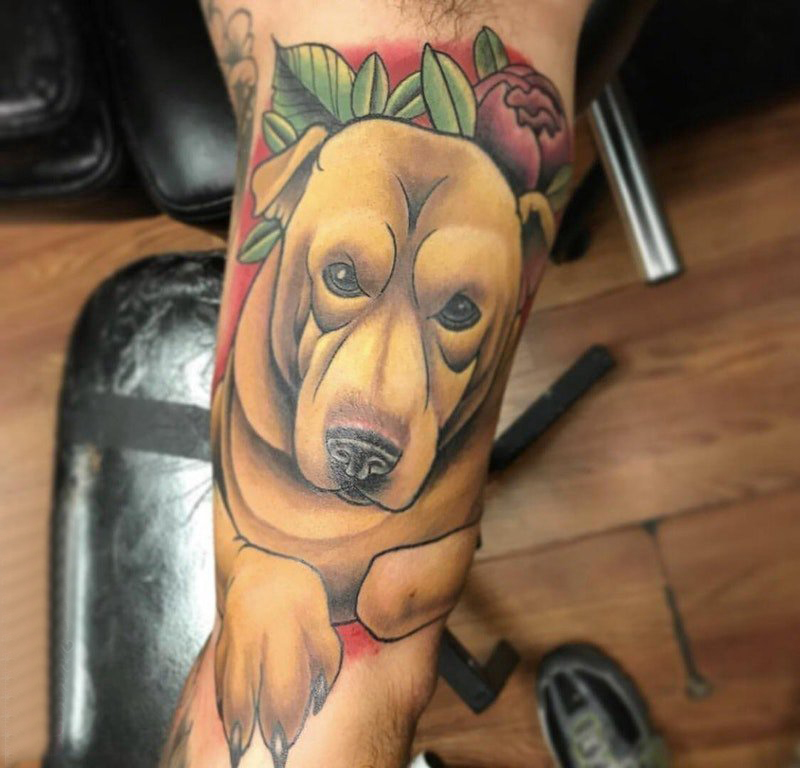 小狗纹身图片 男生手臂上彩色小狗纹身图片