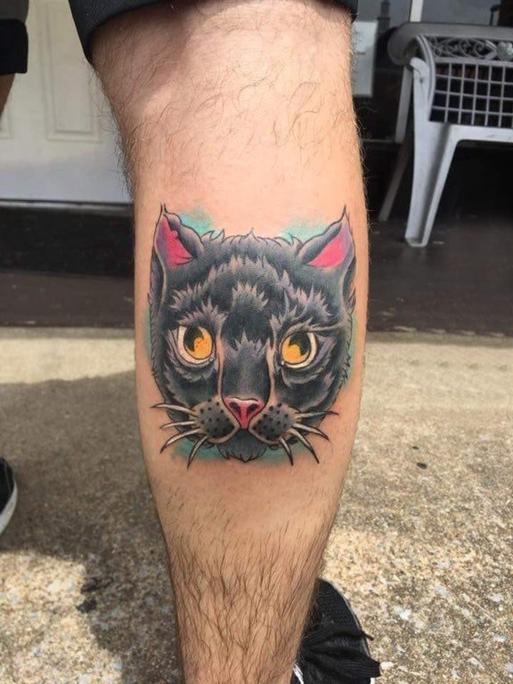 小猫咪纹身 男生小腿上小猫咪纹身图片