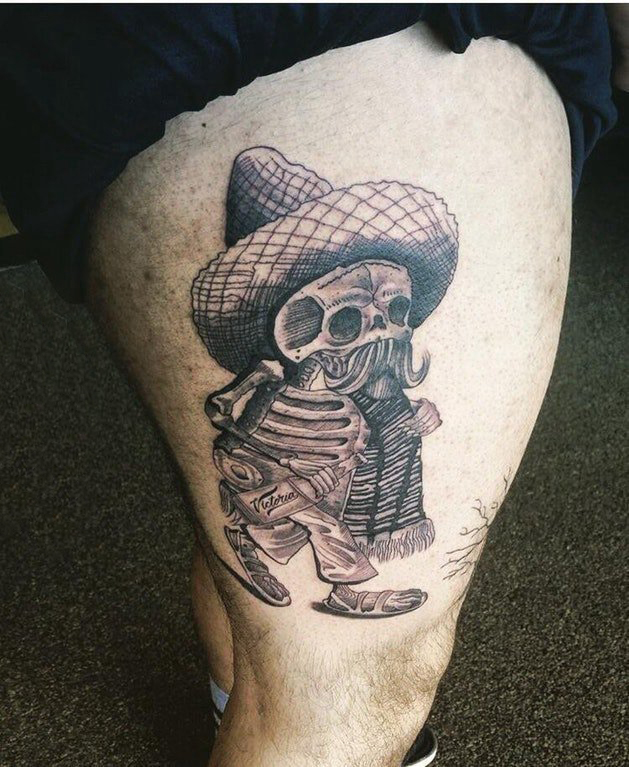 骷髅纹身 男生大腿上黑色的骷髅纹身图片