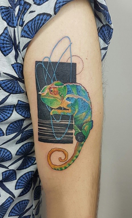 百乐动物纹身 男生手臂上彩色的变色龙纹身图片