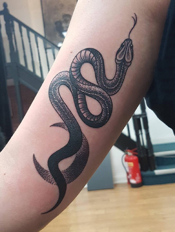 手臂纹身图片 男生手臂上黑色的蛇纹身图片