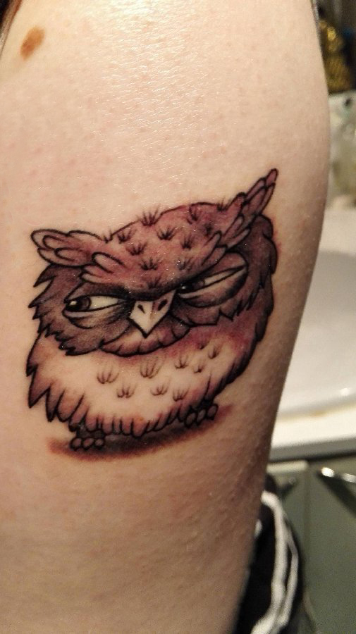 百乐动物纹身 女生手臂上黑灰的猫头鹰纹身图片