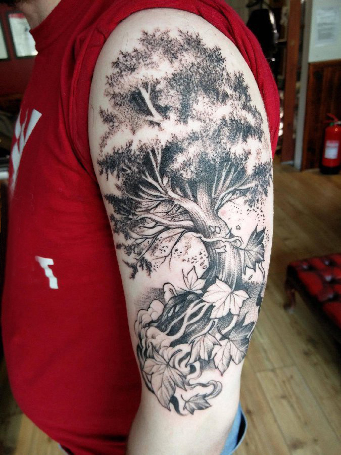 双大臂纹身 男生大臂上叶子和大树纹身图片