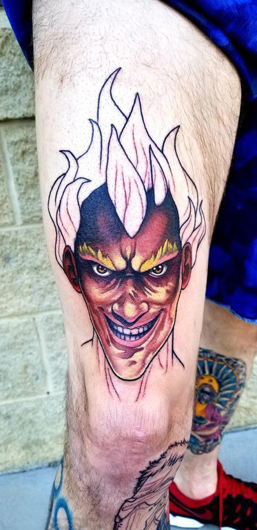 纹身大腿男 男生大腿上彩色的人物肖像纹身图片
