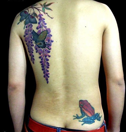 男性后背好看的蝴蝶青蛙花蕊纹身图案