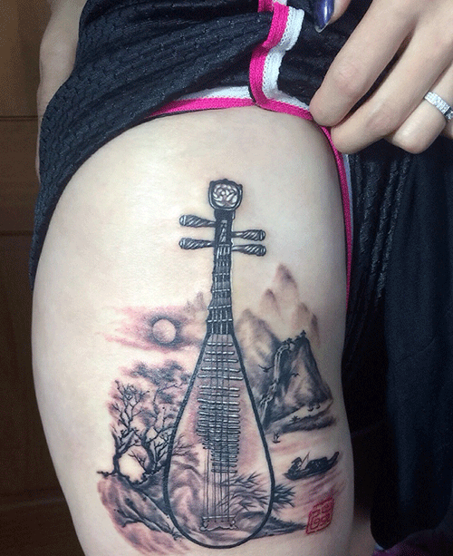 美女大腿古筝山水画纹身图案