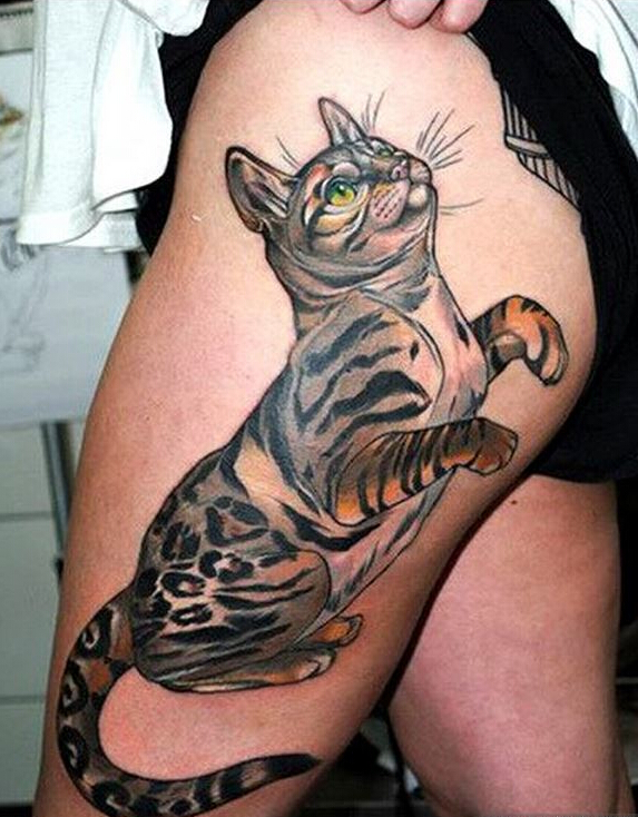 女性腿部时尚好看的猫咪纹身图案