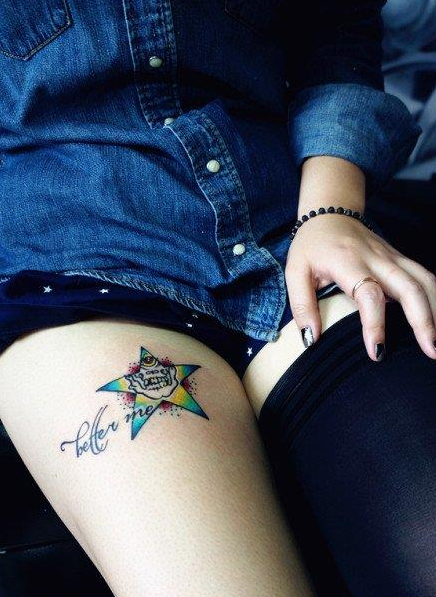 腿部时尚精美的五角星与字母纹身图案