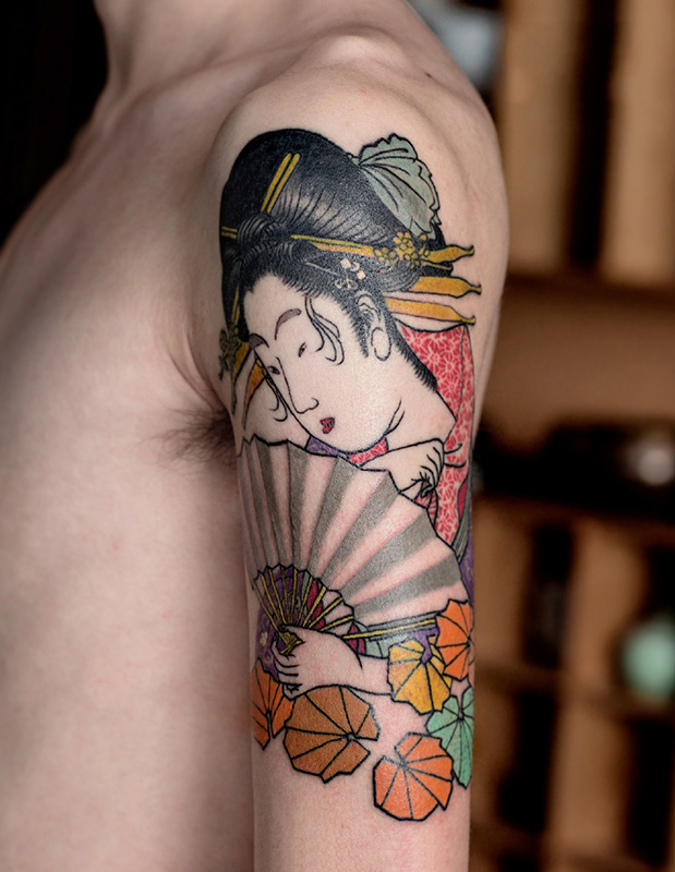大臂日式和风艺妓彩绘纹身图案