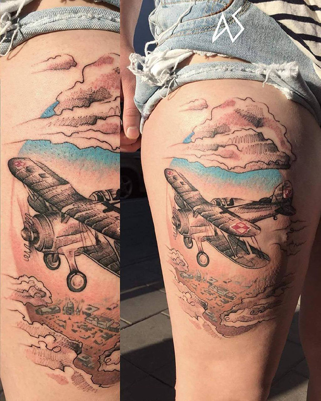 大腿彩绘冲上云霄的飞机创意纹身图案